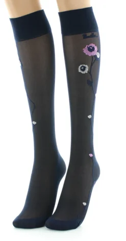 Fashion Berthe Aux Grands Pieds Mi-bas 30D marine Fleurs roses et beige