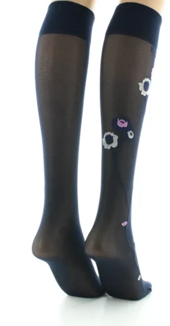 Fashion Berthe Aux Grands Pieds Mi-bas 30D marine Fleurs roses et beige