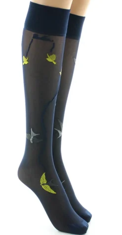 Clearance Berthe Aux Grands Pieds Mi-bas 30D marine Hirondelles jaunes