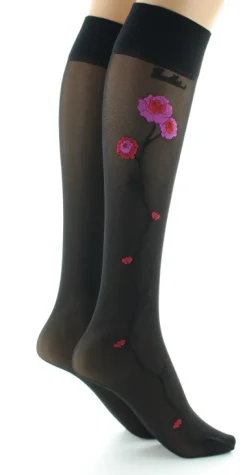 Discount Berthe Aux Grands Pieds Mi-bas 30D noir Fleurs roses et rouges