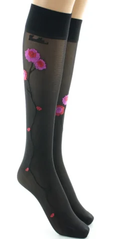 Discount Berthe Aux Grands Pieds Mi-bas 30D noir Fleurs roses et rouges