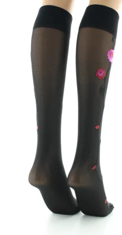 Discount Berthe Aux Grands Pieds Mi-bas 30D noir Fleurs roses et rouges
