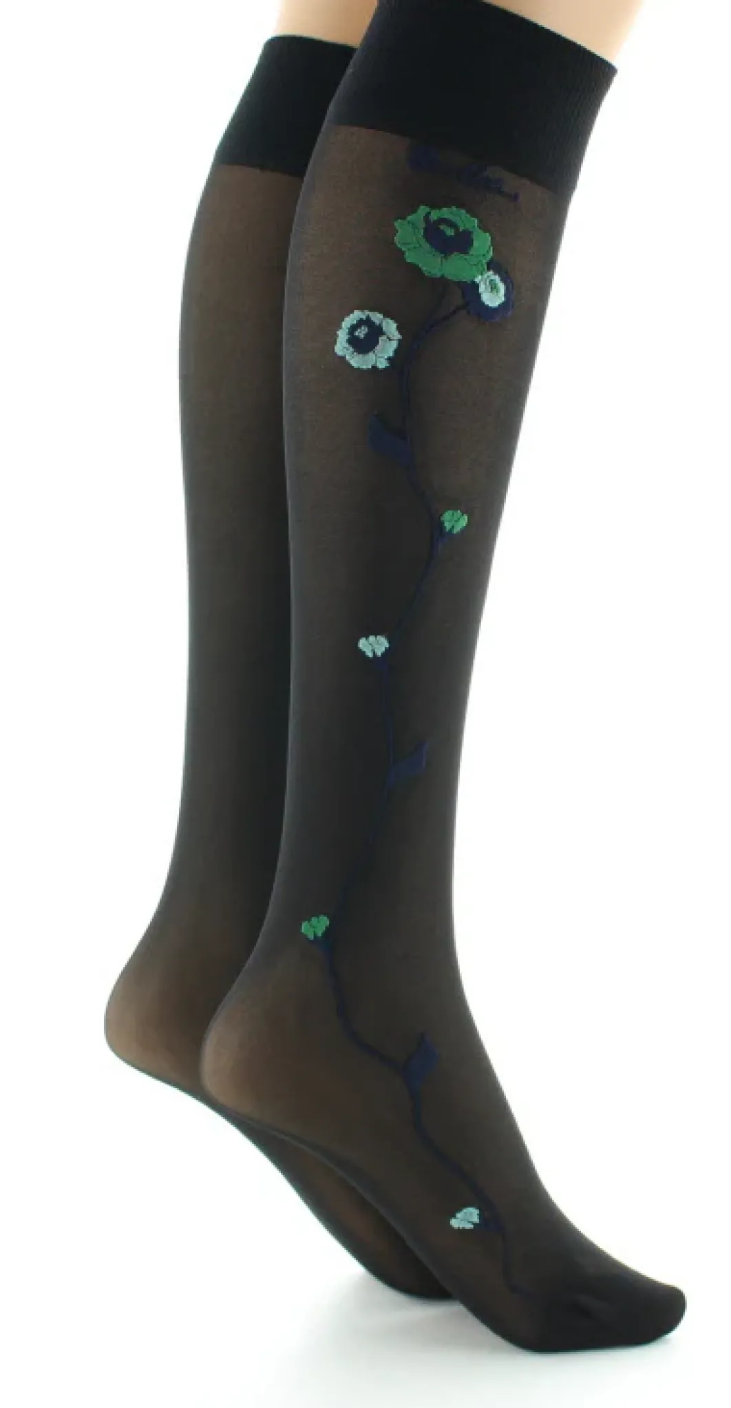Hot Berthe Aux Grands Pieds Mi-bas 30D noir Fleurs vertes et bleues