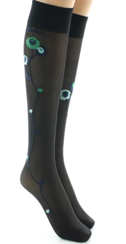 Hot Berthe Aux Grands Pieds Mi-bas 30D noir Fleurs vertes et bleues