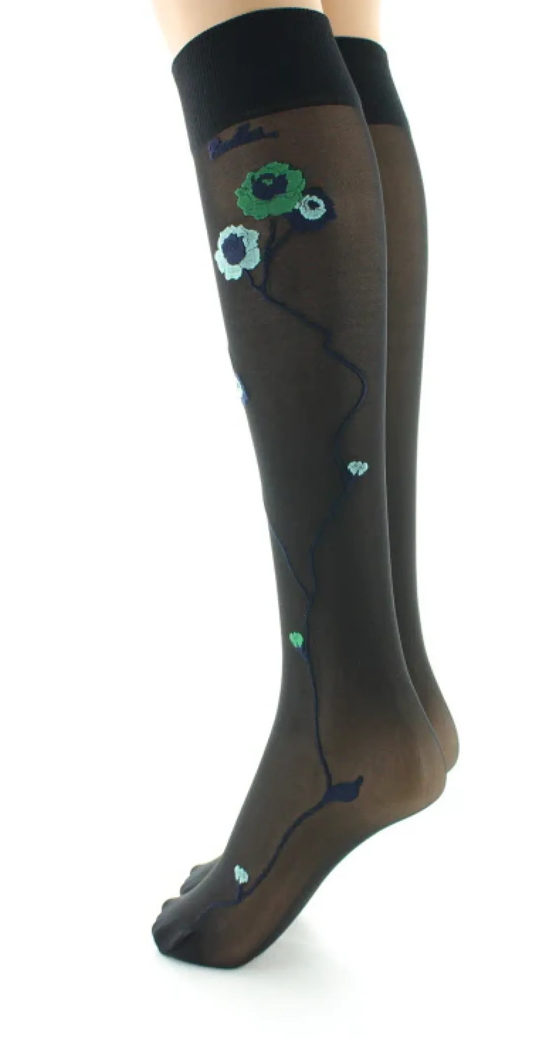 Hot Berthe Aux Grands Pieds Mi-bas 30D noir Fleurs vertes et bleues