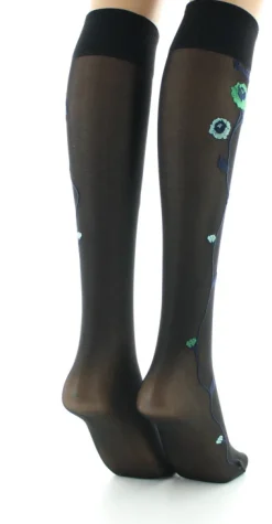 Hot Berthe Aux Grands Pieds Mi-bas 30D noir Fleurs vertes et bleues