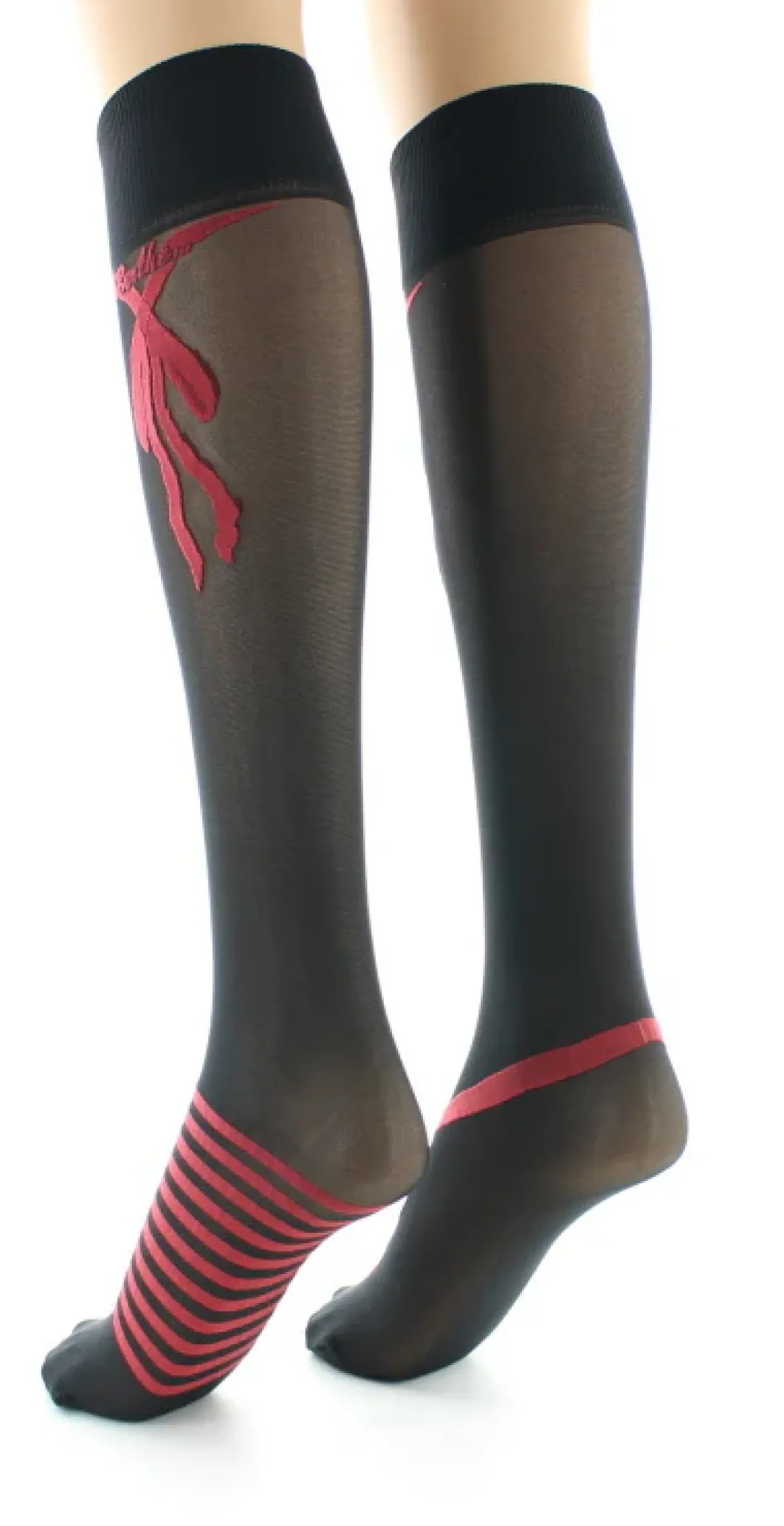Hot Berthe Aux Grands Pieds Mi-bas nœuds et rayures Rouge