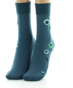 Outlet Berthe Aux Grands Pieds Mi-chaussettes 40D pétrole Fleurs vertes et bleues