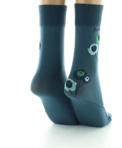 Outlet Berthe Aux Grands Pieds Mi-chaussettes 40D pétrole Fleurs vertes et bleues