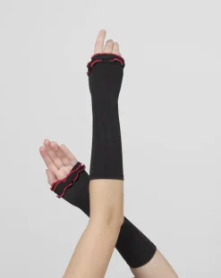 Hot Berthe Aux Grands Pieds Mitaines en soie noire à surjets rouges