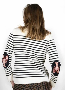 New Berthe Aux Grands Pieds Pull Col V Femme Homard écru rayé marine