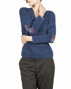 Best Berthe Aux Grands Pieds Pull col V femme mérinos bleu royal fleurs d'automne