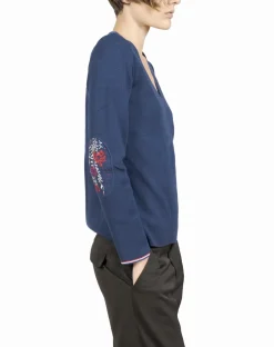 Best Berthe Aux Grands Pieds Pull col V femme mérinos bleu royal fleurs d'automne