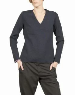 Outlet Berthe Aux Grands Pieds Pull col V femme mérinos bleu marine algue