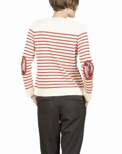 Discount Berthe Aux Grands Pieds Pull col V femme mérinos écru rayé rouge coquelicot