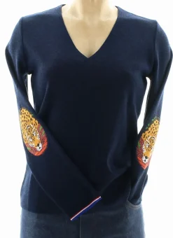 Fashion Berthe Aux Grands Pieds Pull Col V Femme Panthère marine dark navy