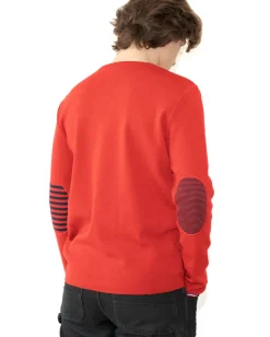 Sale Berthe Aux Grands Pieds Pull col V homme mérinos rouge rayures asymétriques bleu marine