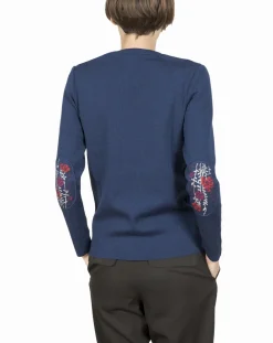 Clearance Berthe Aux Grands Pieds Pull marin femme mérinos bleu royal fleurs d'automne