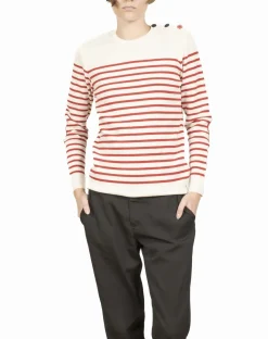 Clearance Berthe Aux Grands Pieds Pull marin femme mérinos écru rayé rouge coquelicot