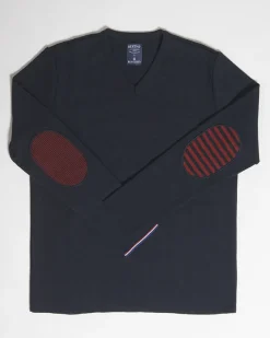 Hot Berthe Aux Grands Pieds Pull marin Homme Coudières Asymétriques Rayées col V marine