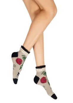 Online Berthe Aux Grands Pieds Socquettes femme fil d'Ecosse Fleurs et Feuilles
